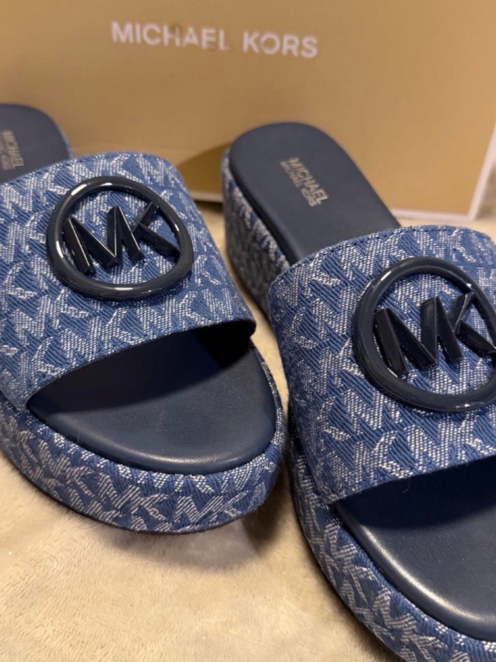 Michael Kors Blue Denim MK Logo Platform Slides